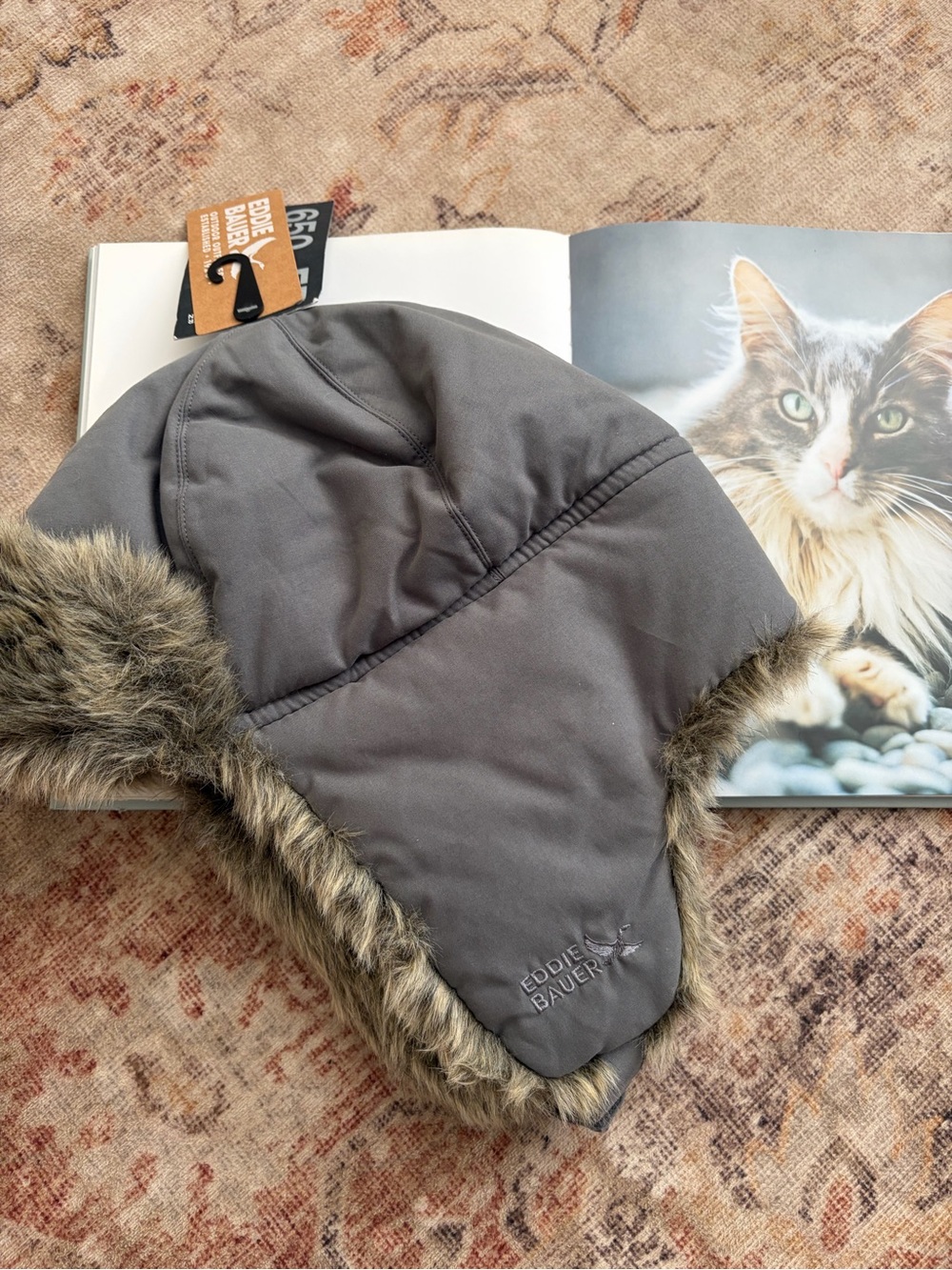 Eddie Bauer Gray Trapper Hat with Faux-Fur Trim